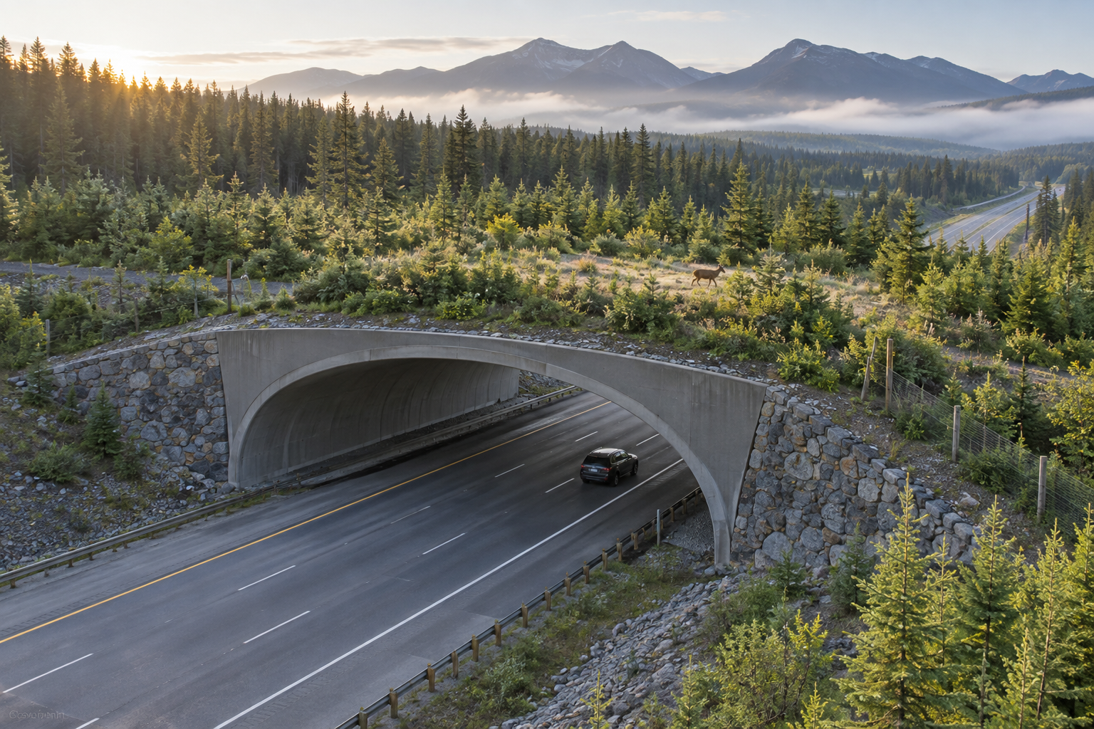 Wildlife corridor covered with native vegetation above a forest highway