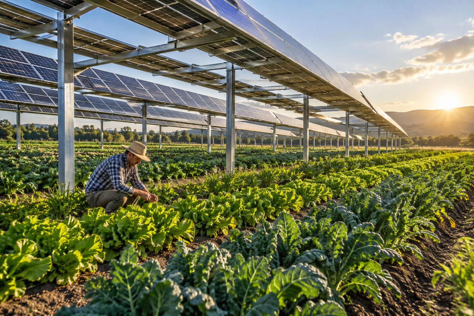 Vegetables growing beneath elevated solar panels on an agrivoltaic farm