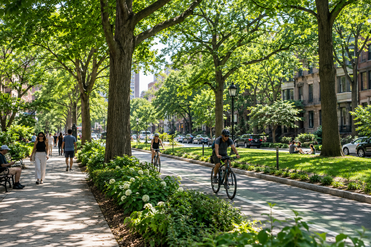Tree-lined city street with cyclists and pedestrians in summer