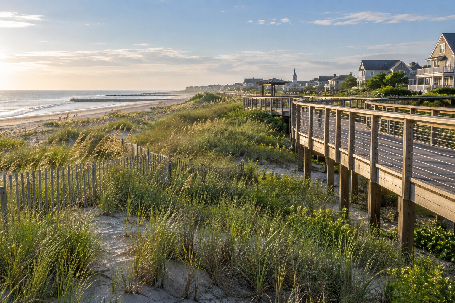 Coastal community protected by restored dunes and raised wooden walkways