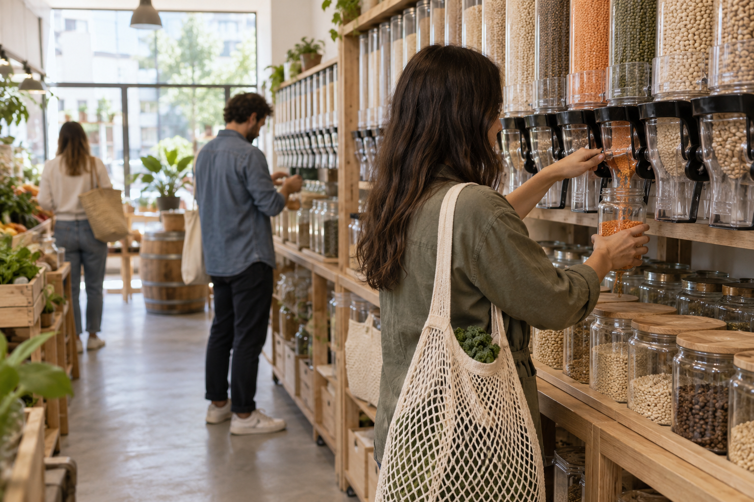 Customers using grain refill stations in a zero-waste grocery store