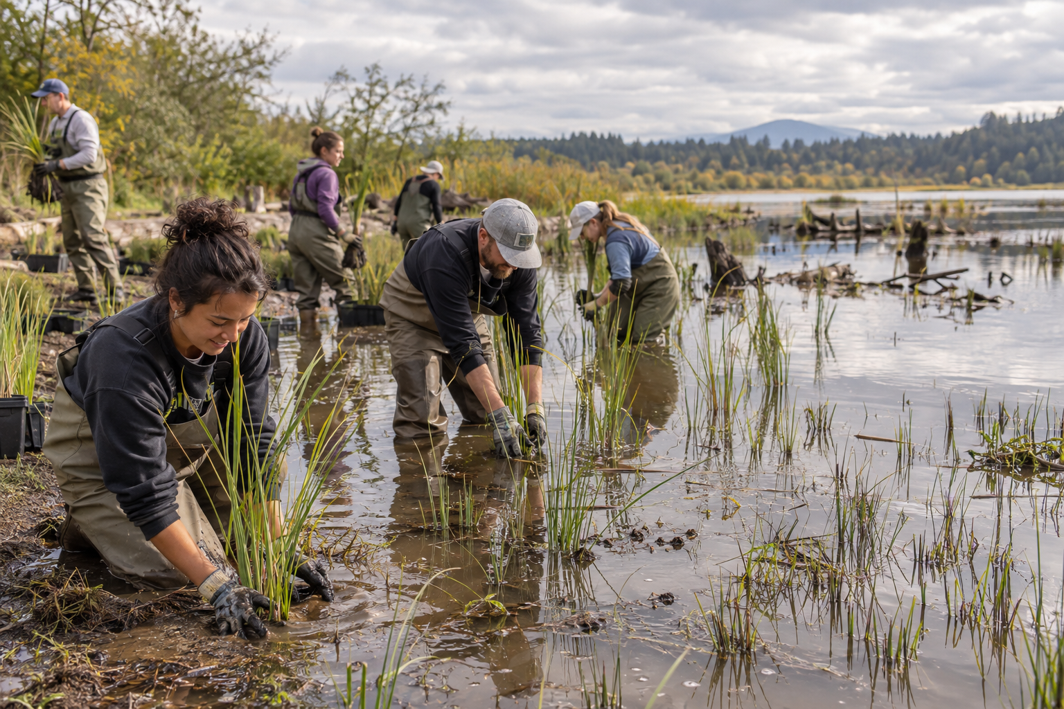 Volunteers planting native reeds during freshwater wetland restoration