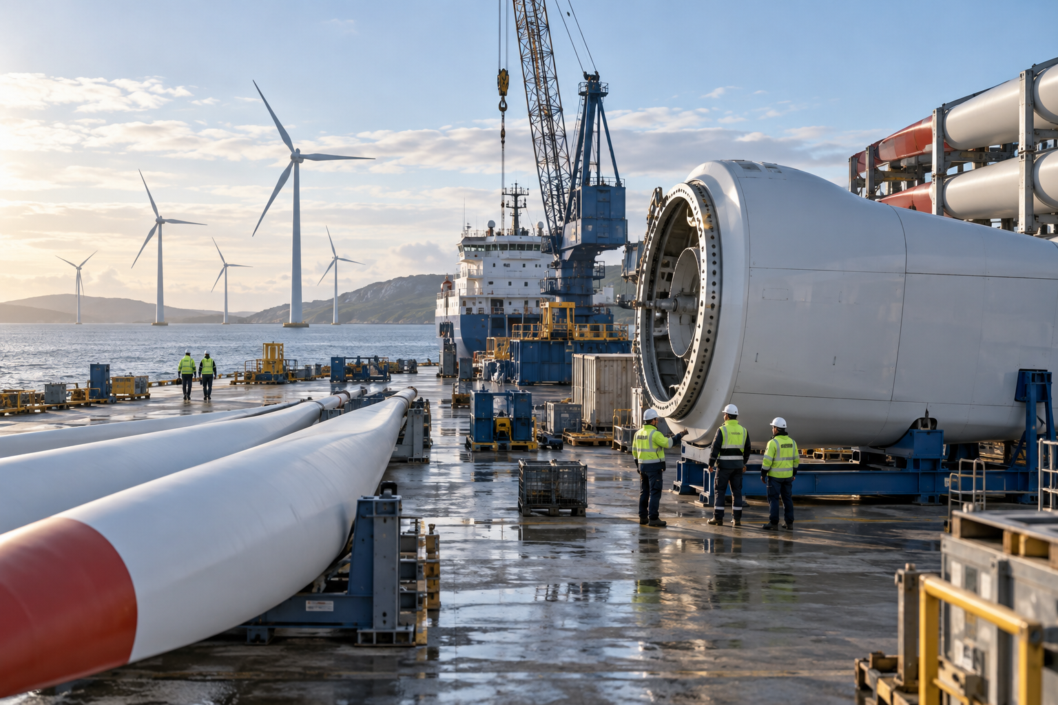 Offshore wind turbine components at a coastal maintenance port