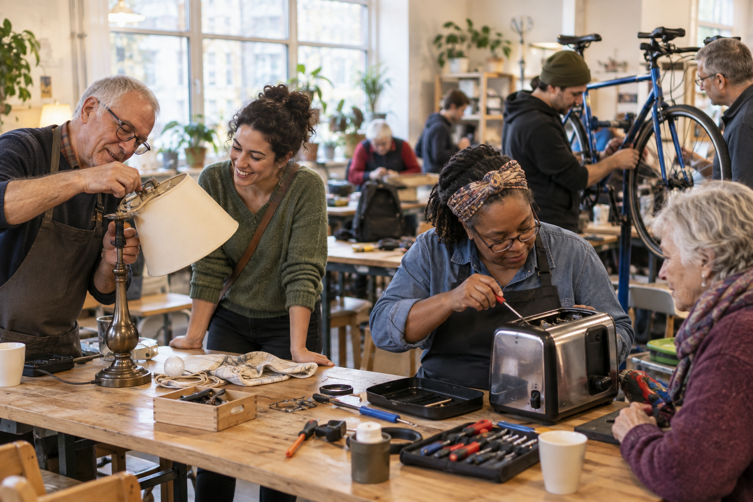 Volunteers repairing household items at a community repair cafe